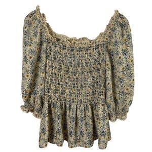 MAX STUDIO Floral Smocked Square Neck Peplum Blouse Women's L Yellow Cottagecore